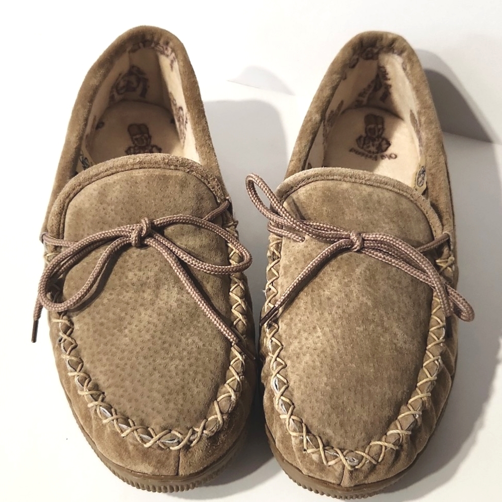 Old Friend Gemuine Suede & Sheepskin Chestnut Moccasin Slipper Size 10 LIKE NEW!